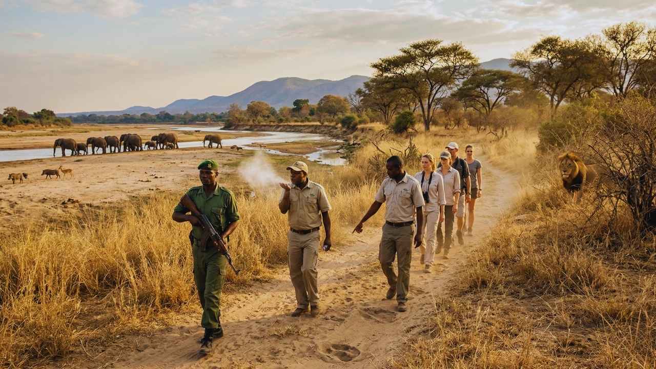 Safári a pé no Parque Nacional de South Luangwa (Zâmbia)